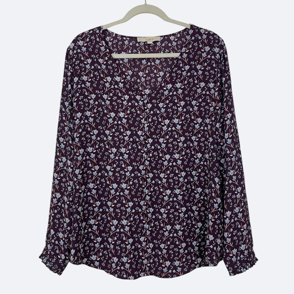 LOFT Purple Floral Button Down Long Sleeve Blouse